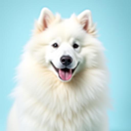 After de-shedding photo of a fluffy Samoyed dog with a clean and airy coat.