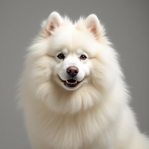 Before de-shedding photo of a Samoyed dog with a thick, dense coat and some loose fur.