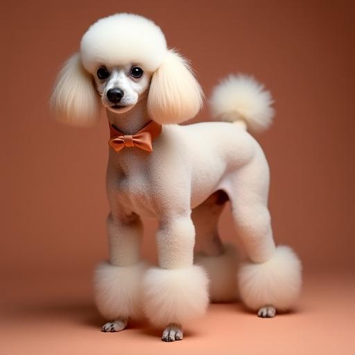 After grooming photo of a poodle with an elegant, perfectly sculpted classic cut.