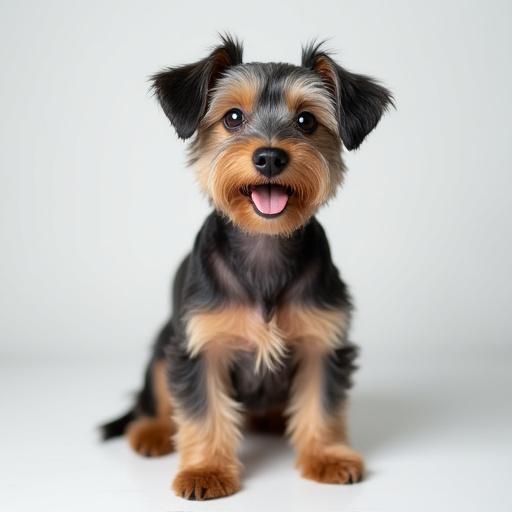 After grooming photo of a perfectly trimmed terrier dog, looking neat and happy.
