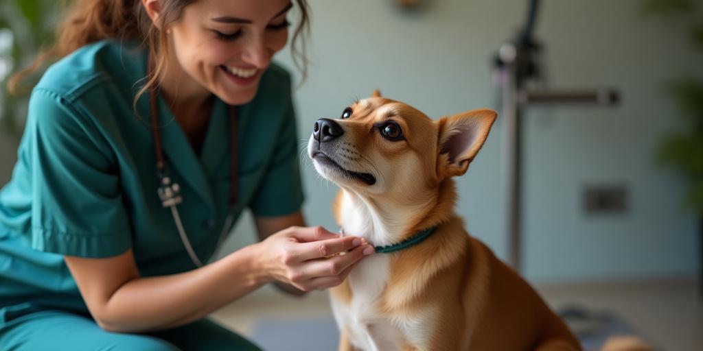 A groomer gently talking to a small dog before its grooming session.